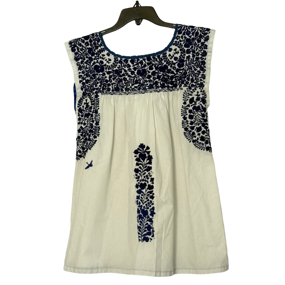 Mi Golondrina White Azul Blue Flores Embroidered Sleeveless‎ Tunic Top - Small